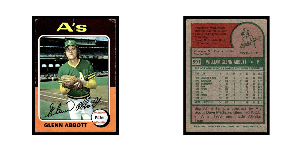 Glenn Abbott 1975 Topps (damaged) #591 Oakland Athletics Baseball Card Poor