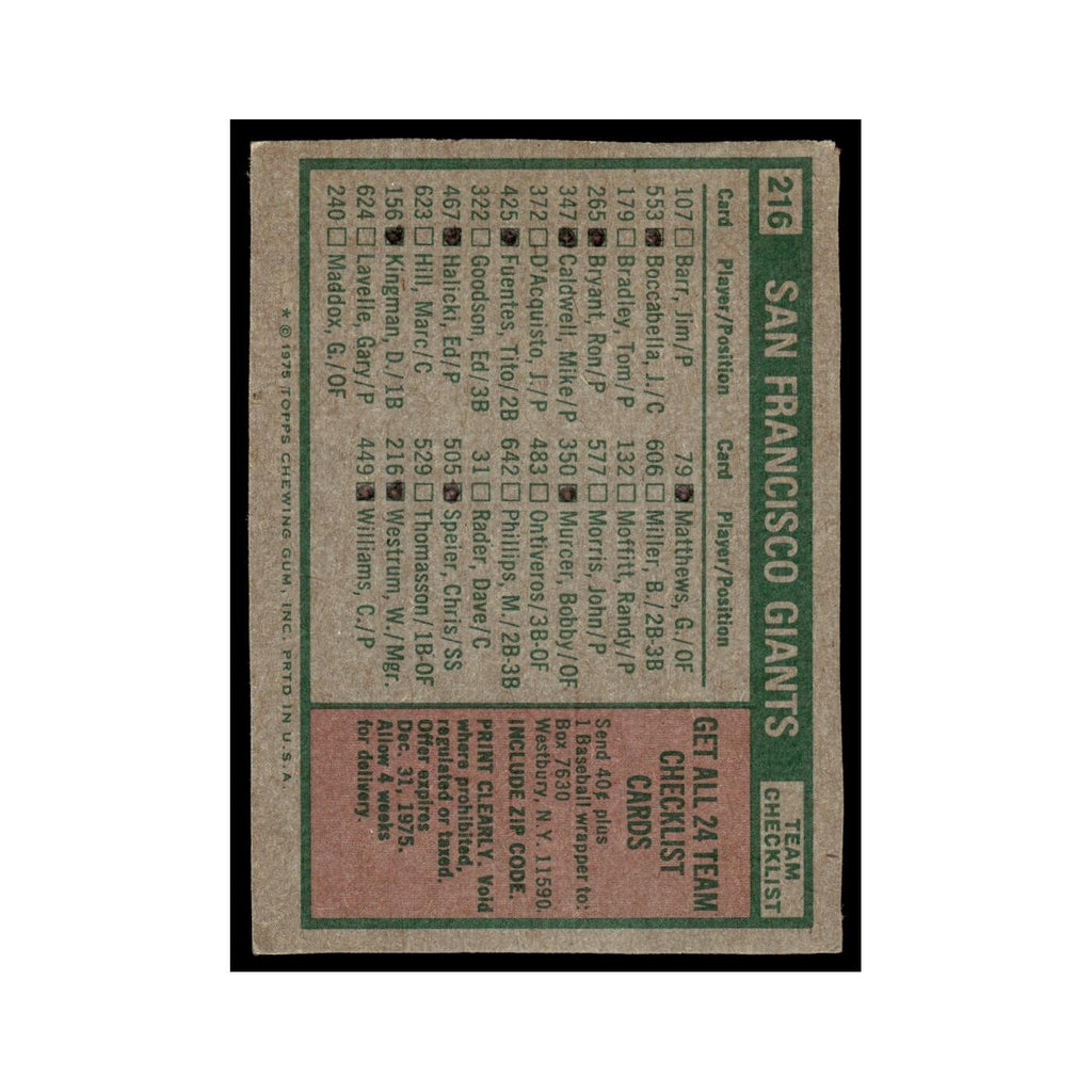 San Francisco Giants - Wes Westrum 1975 Topps (damaged) #216 Baseball Card Poor