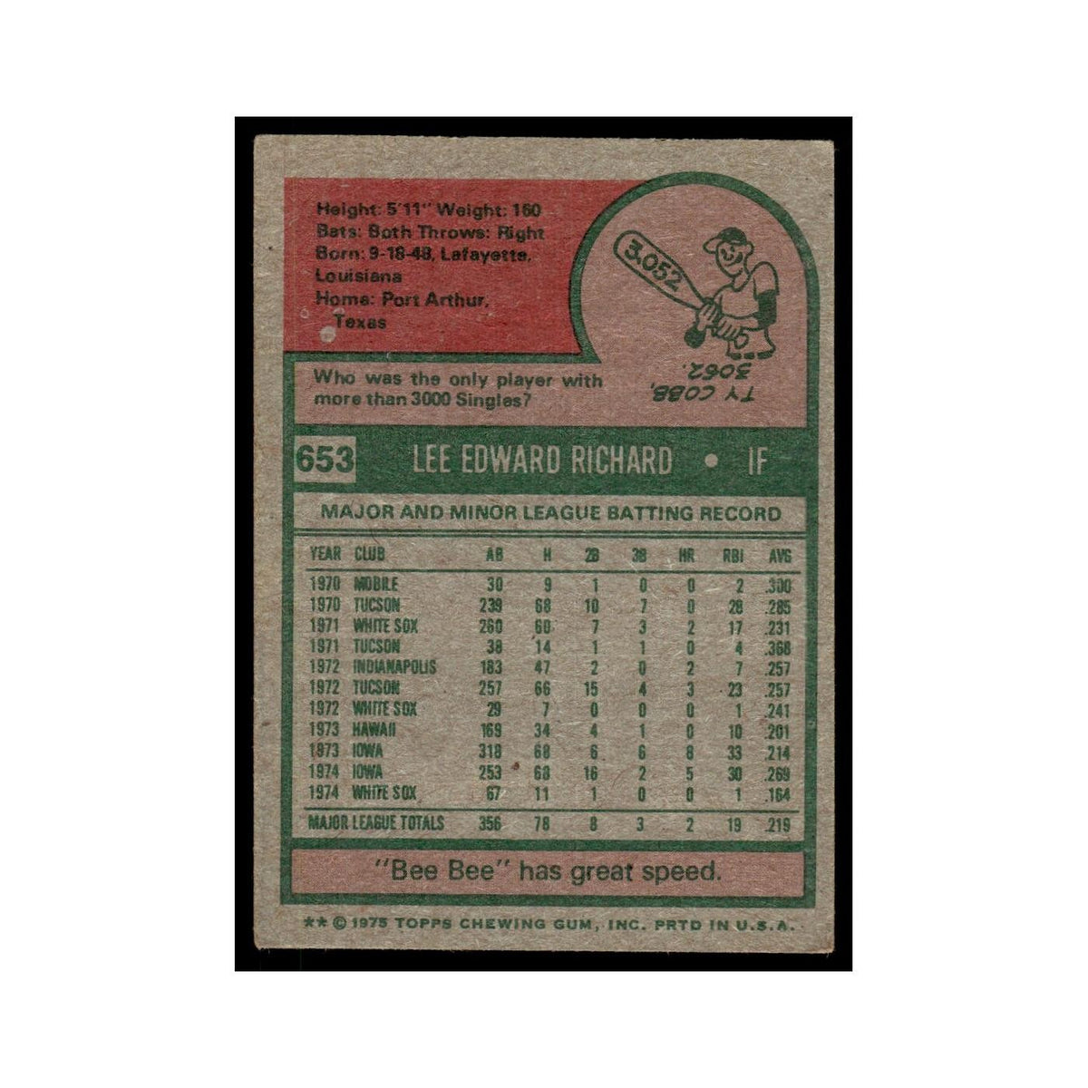 Lee Richards 1975 Topps (damaged) #653 Chicago White Sox Baseball Card Poor
