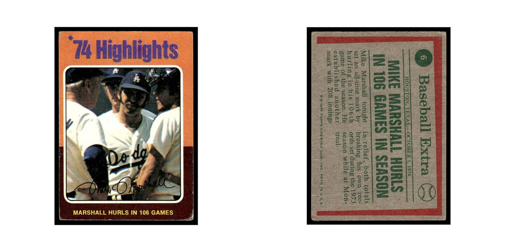 Mike Marshall 1975 Topps (damaged) #6 Los Angeles Dodgers Baseball Card Poor