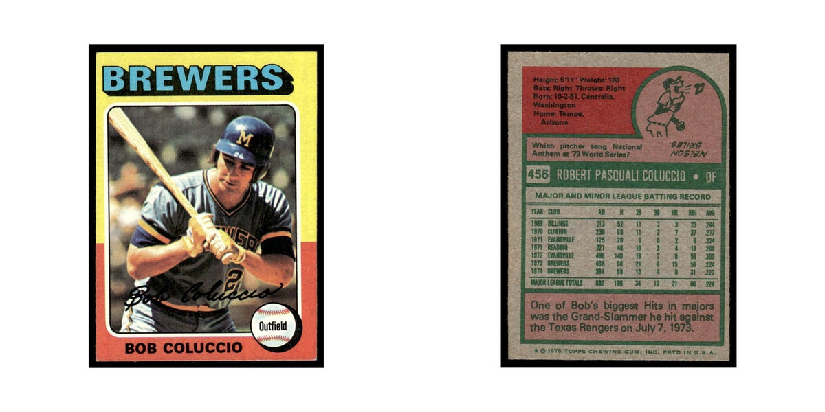 Bob Coluccio 1975 Topps (damaged) #456 Milwaukee Brewers Baseball Card Poor