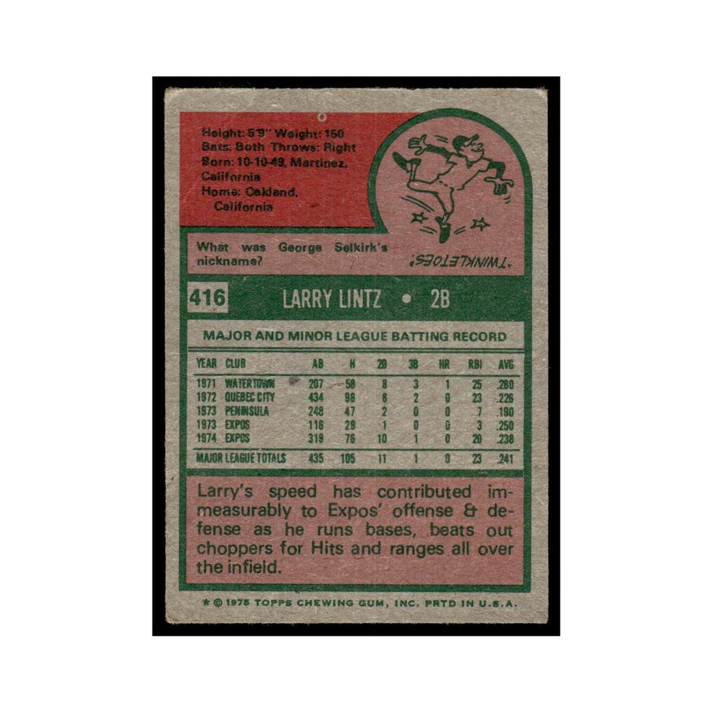 Larry Lintz 1975 Topps (damaged) #416 Montreal Expos Baseball Card Poor