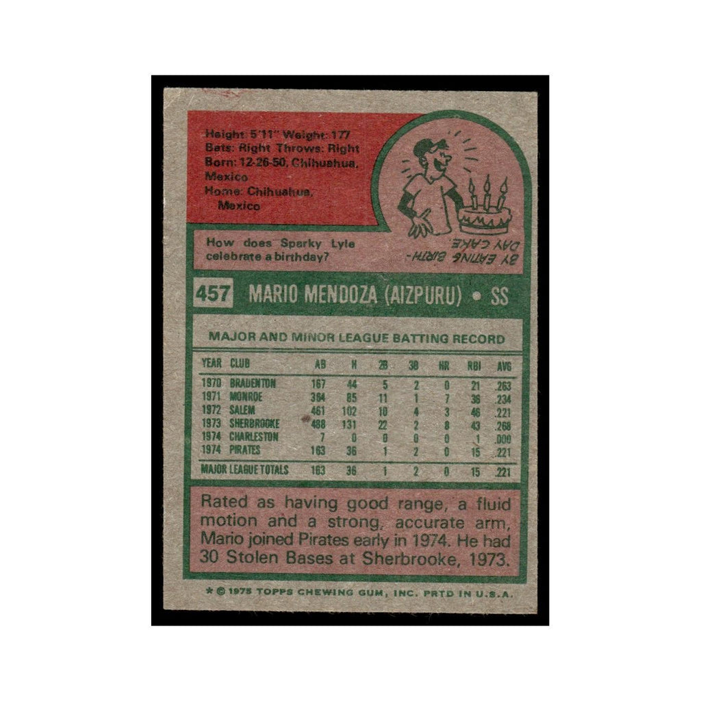 Mario Mendoza Rookie 1975 Topps (damaged) #457 Pittsburgh Pirates Poor