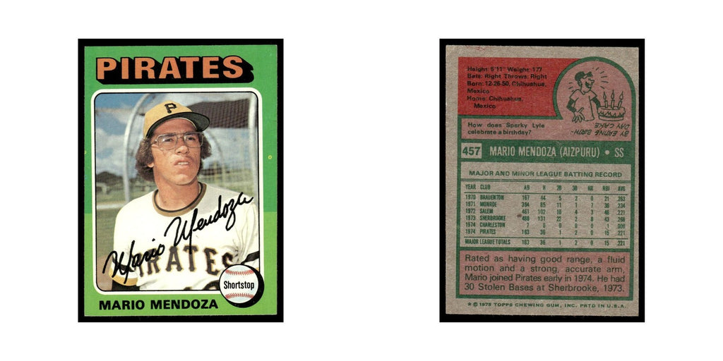 Mario Mendoza Rookie 1975 Topps (damaged) #457 Pittsburgh Pirates Poor