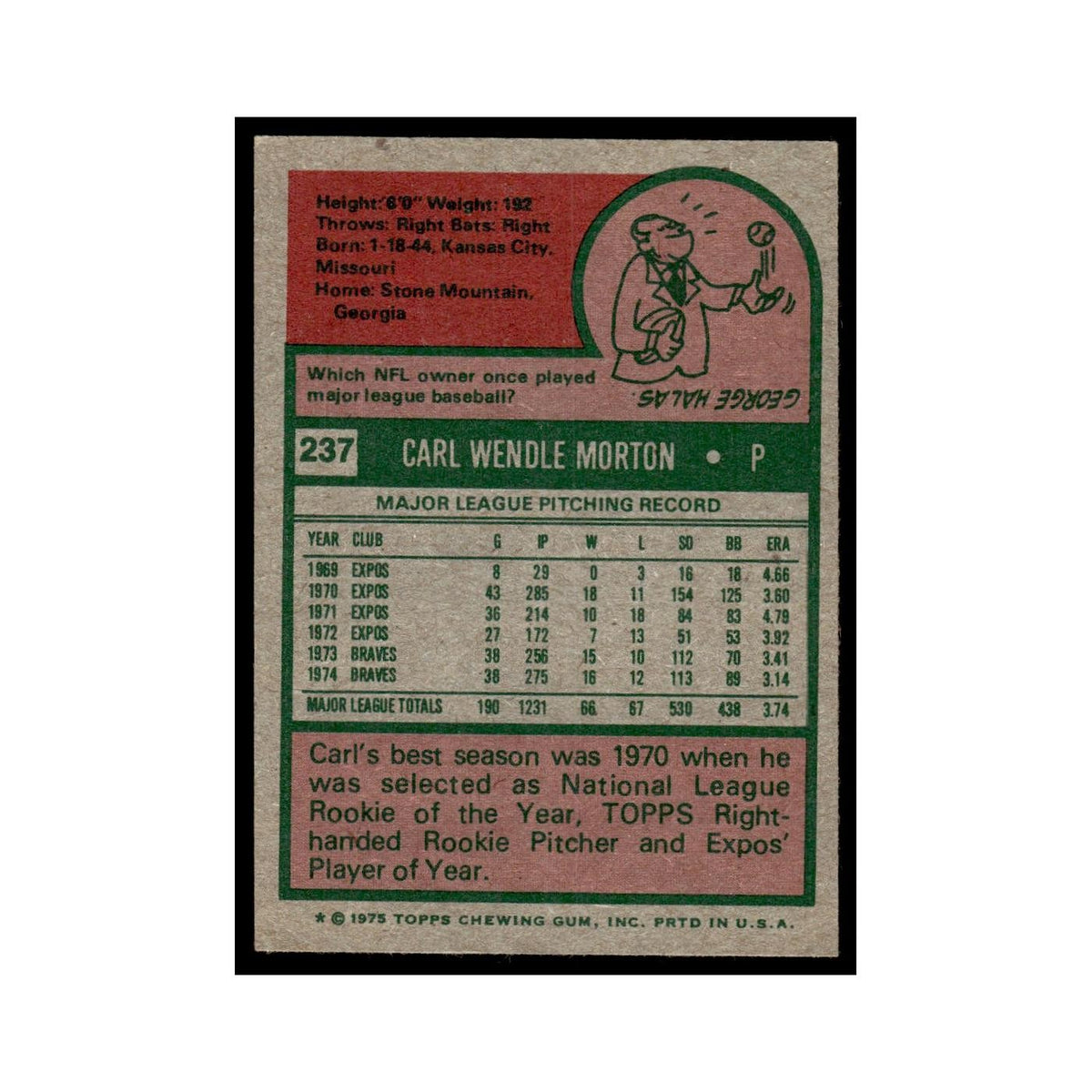 Carl Morton 1975 Topps (damaged) #237 Atlanta Braves Baseball Card Poor