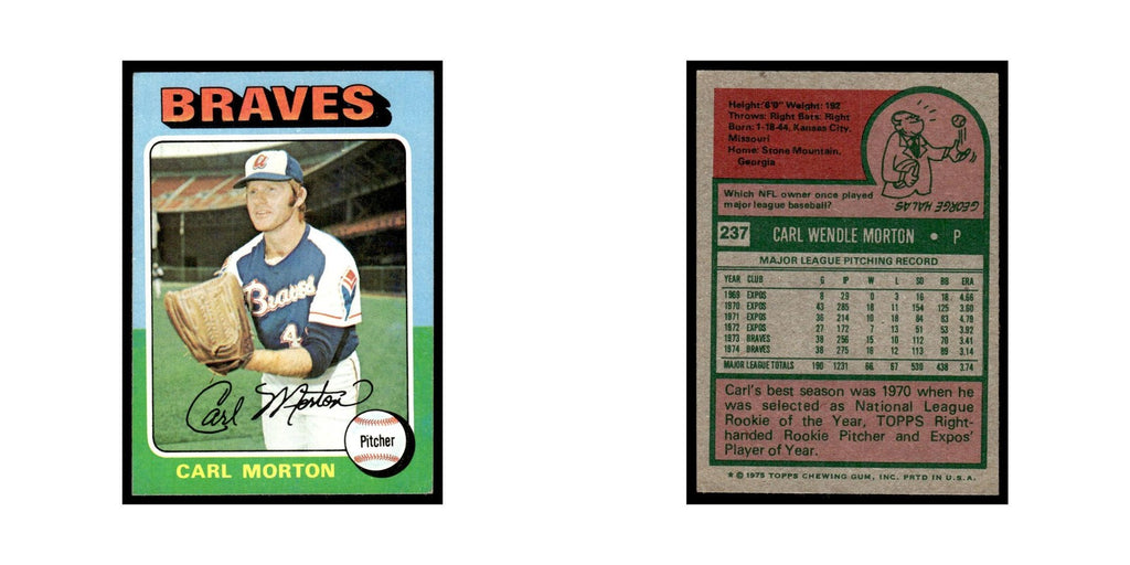 Carl Morton 1975 Topps (damaged) #237 Atlanta Braves Baseball Card Poor