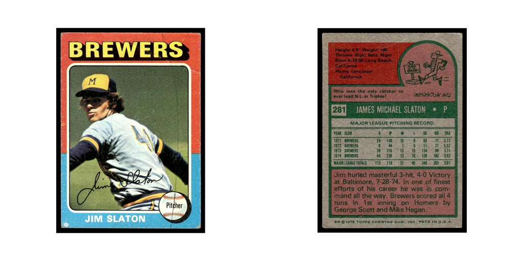 Jim Slaton 1975 Topps (damaged) #281 Milwaukee Brewers Baseball Card Poor