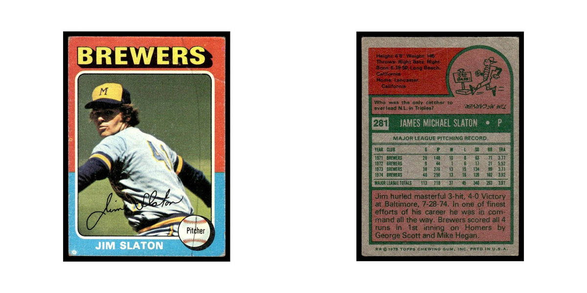 Jim Slaton 1975 Topps (damaged) #281 Milwaukee Brewers Baseball Card Poor