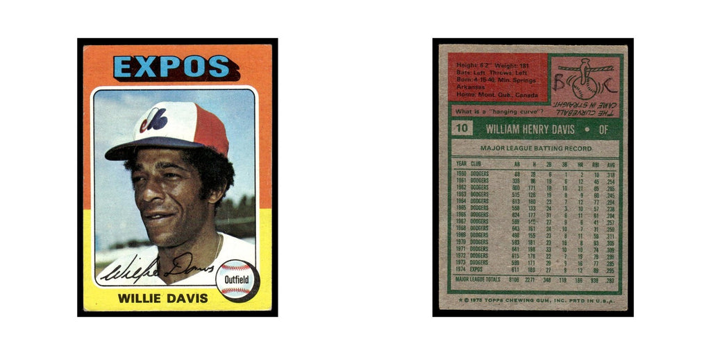 Willie Davis 1975 Topps (damaged) #10 Montreal Expos Baseball Card Poor