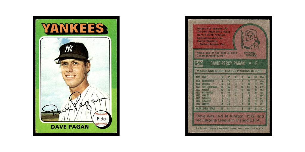 Dave Pagan Rookie 1975 Topps (damaged) #648 New York Yankees Baseball Card Poor