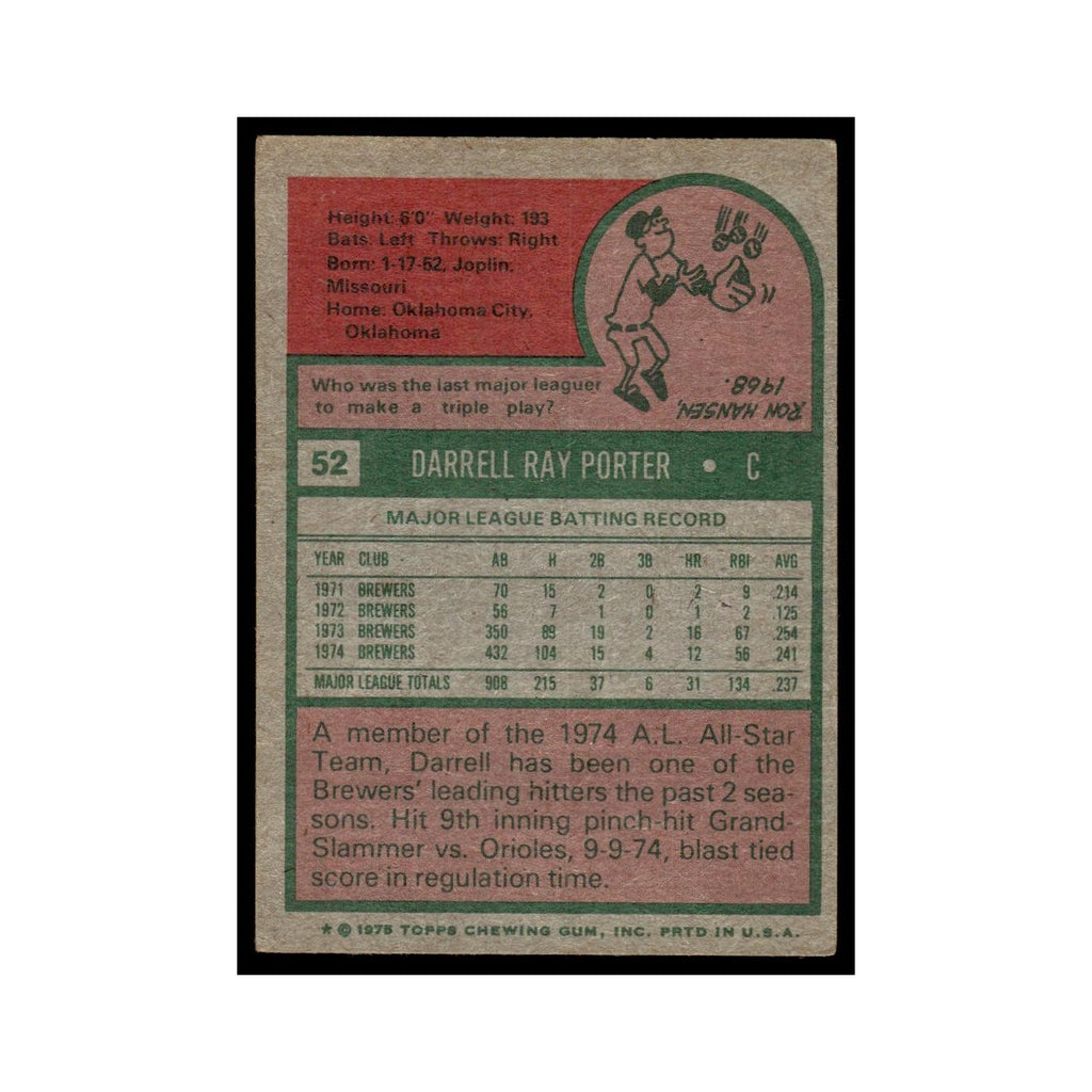 Darrell Porter 1975 Topps (damaged) #52 Milwaukee Brewers Baseball Card Poor