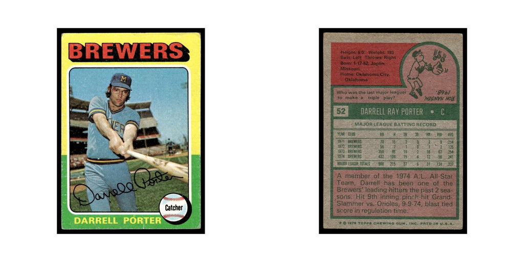 Darrell Porter 1975 Topps (damaged) #52 Milwaukee Brewers Baseball Card Poor