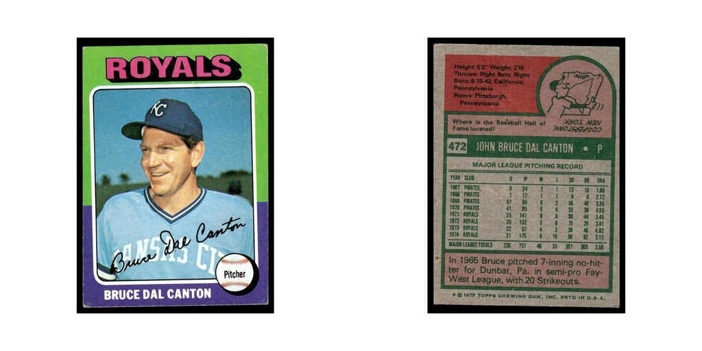 Bruce Dal Canton 1975 Topps (damaged) #472 Kansas City Royals Baseball Card Poor