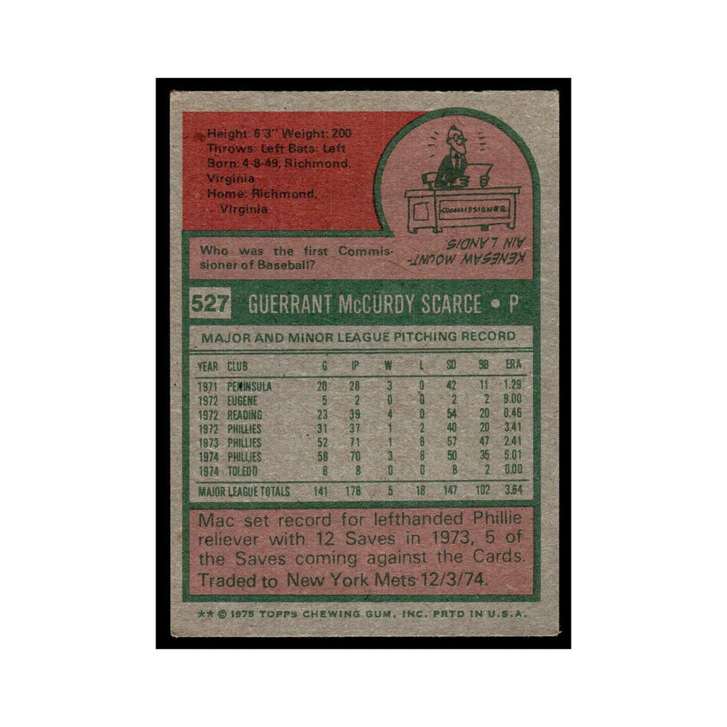 Mac Scarce 1975 Topps (damaged) #527 Philadelphia Phillies Baseball Card Poor