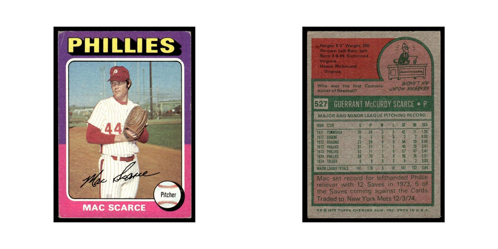 Mac Scarce 1975 Topps (damaged) #527 Philadelphia Phillies Baseball Card Poor