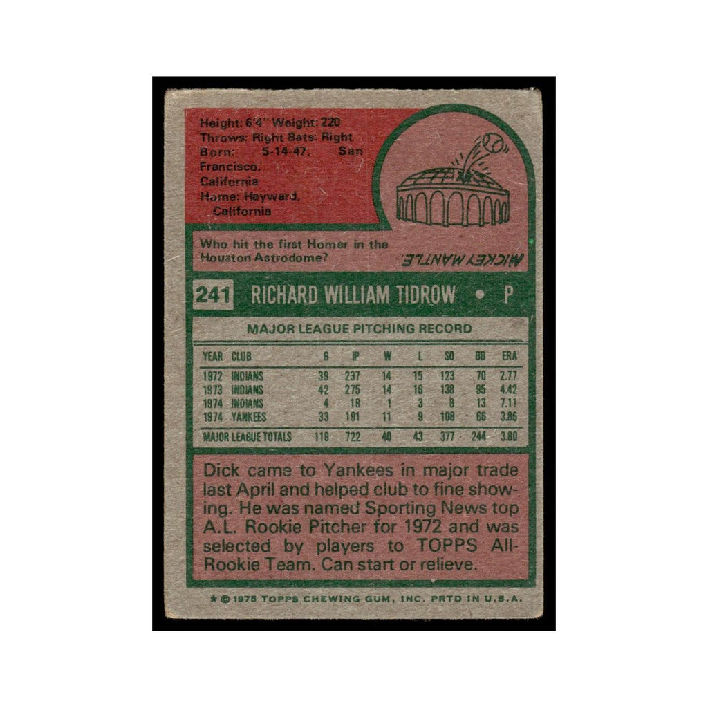 Dick Tidrow 1975 Topps (damaged) #241 New York Yankees Baseball Card Poor
