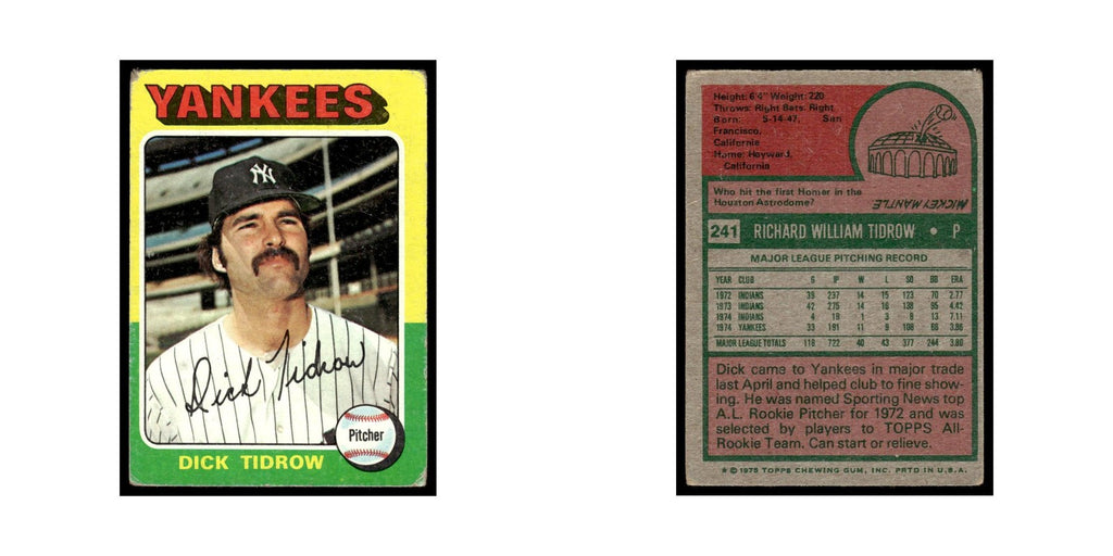 Dick Tidrow 1975 Topps (damaged) #241 New York Yankees Baseball Card Poor