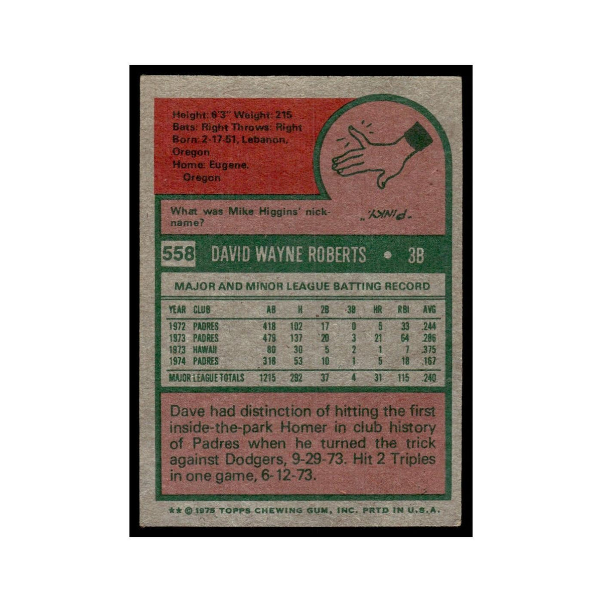 Dave Roberts 1975 Topps (damaged) #558 San Diego Padres Baseball Card Poor