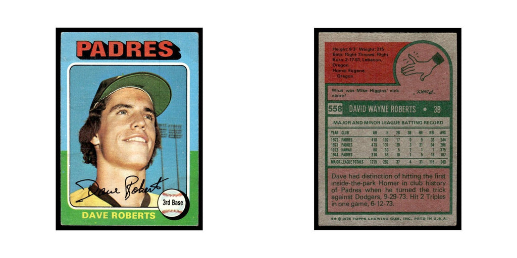 Dave Roberts 1975 Topps (damaged) #558 San Diego Padres Baseball Card Poor