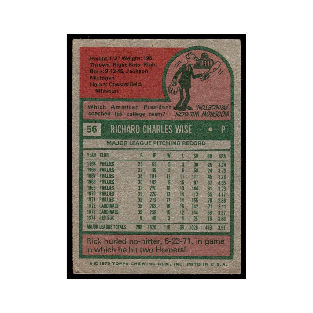 Rick Wise 1975 Topps (damaged) #56 Boston Red Sox Baseball Card Poor