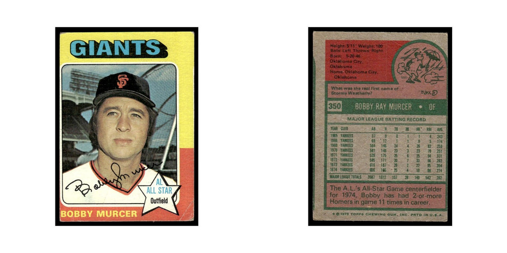 Bobby Murcer 1975 Topps (damaged) #350 San Francisco Giants Baseball Card Poor
