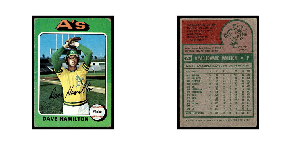 Dave Hamilton 1975 Topps (damaged) #428 Oakland Athletics Baseball Card Poor