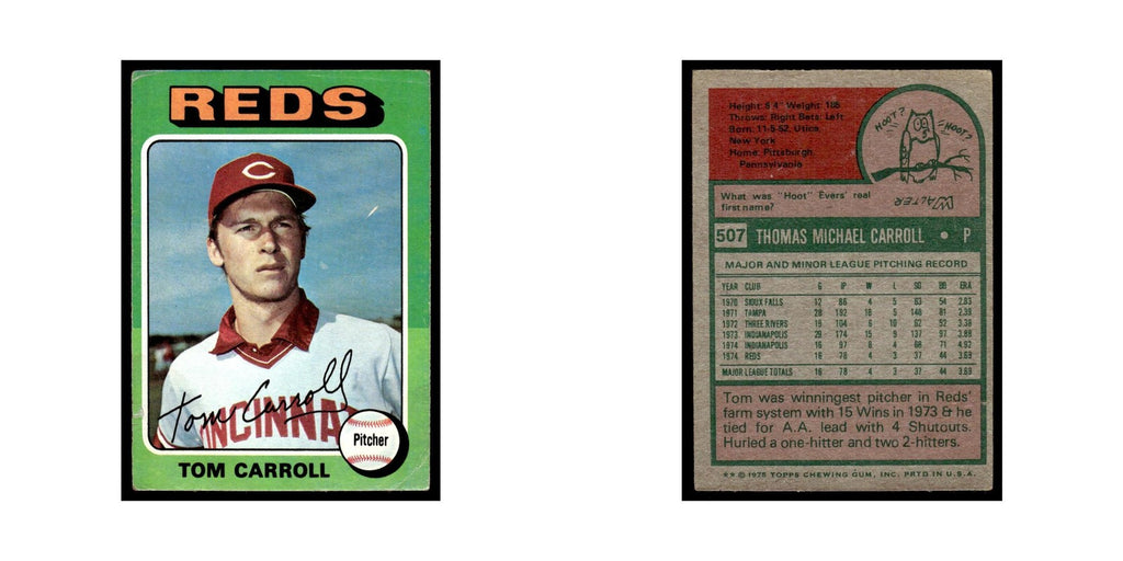 Tom Carroll Rookie 1975 Topps (damaged) #507 Cincinnati Reds Baseball Card Poor