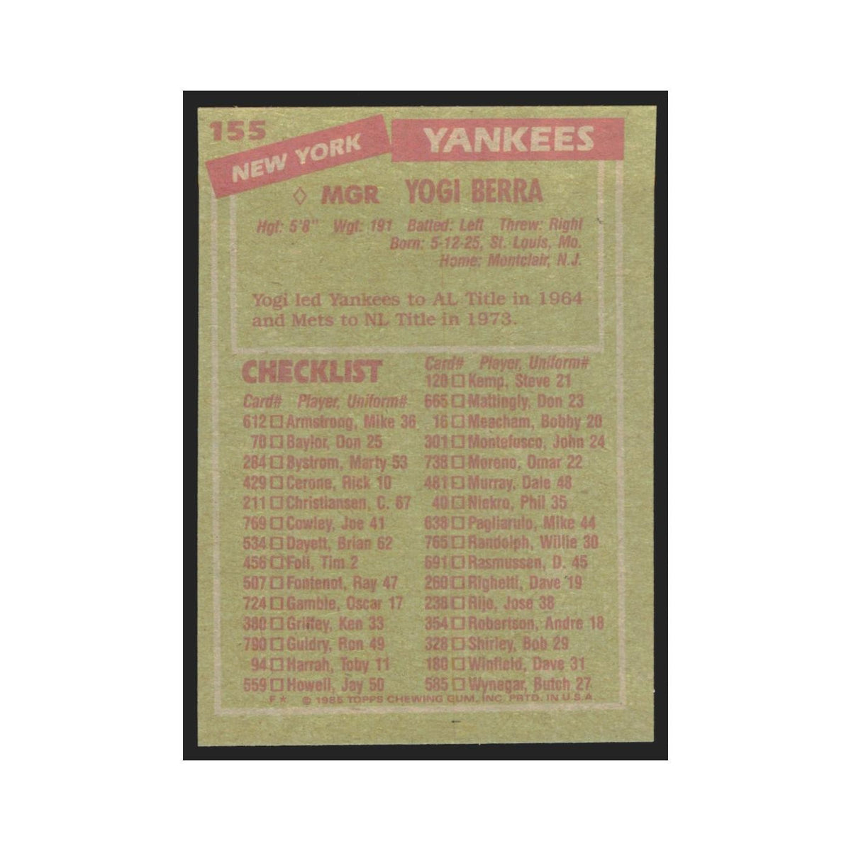 1985 Topps Yogi Berra Yankees #155
