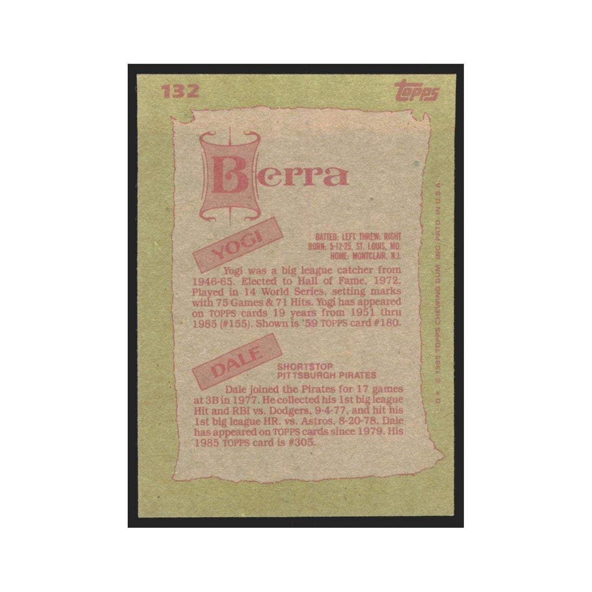 1985 Topps Yogi Berra/Dale Berra #132
