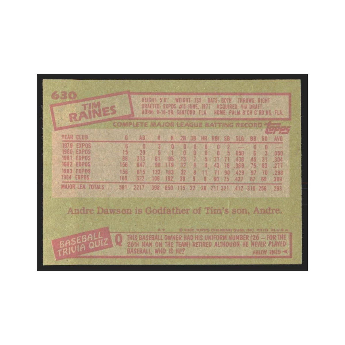 1985 Topps Tim Raines Montreal Expos #630