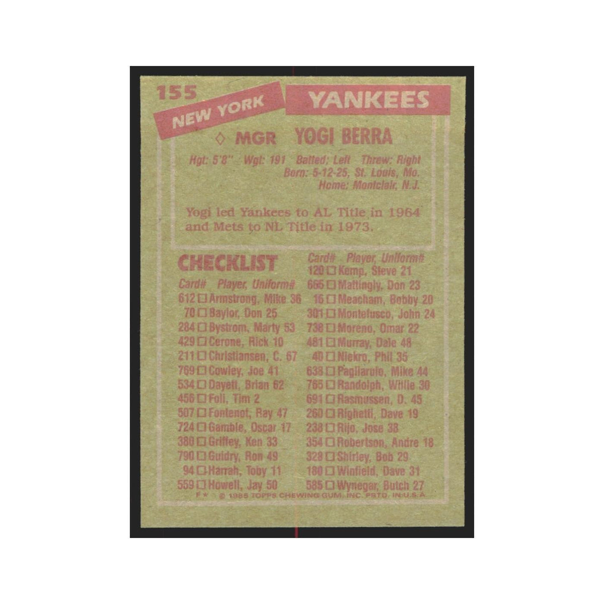 1985 Topps Yogi Berra Yankees #155