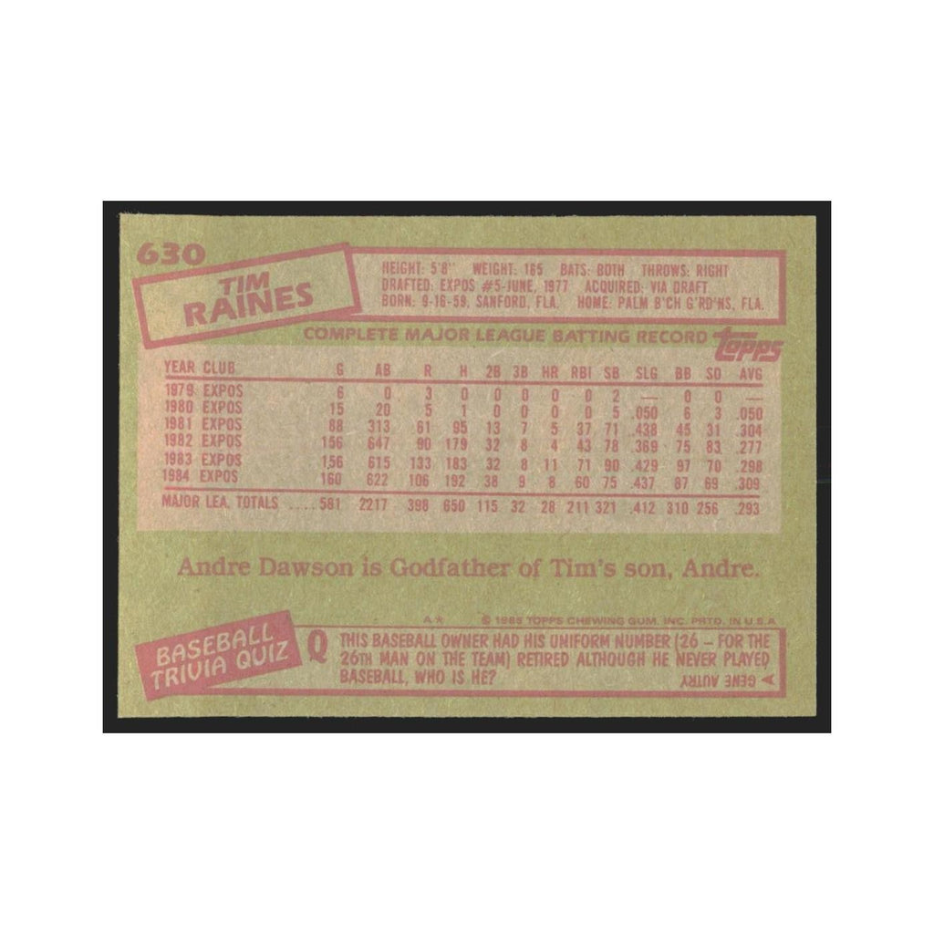 1985 Topps Tim Raines Montreal Expos #630