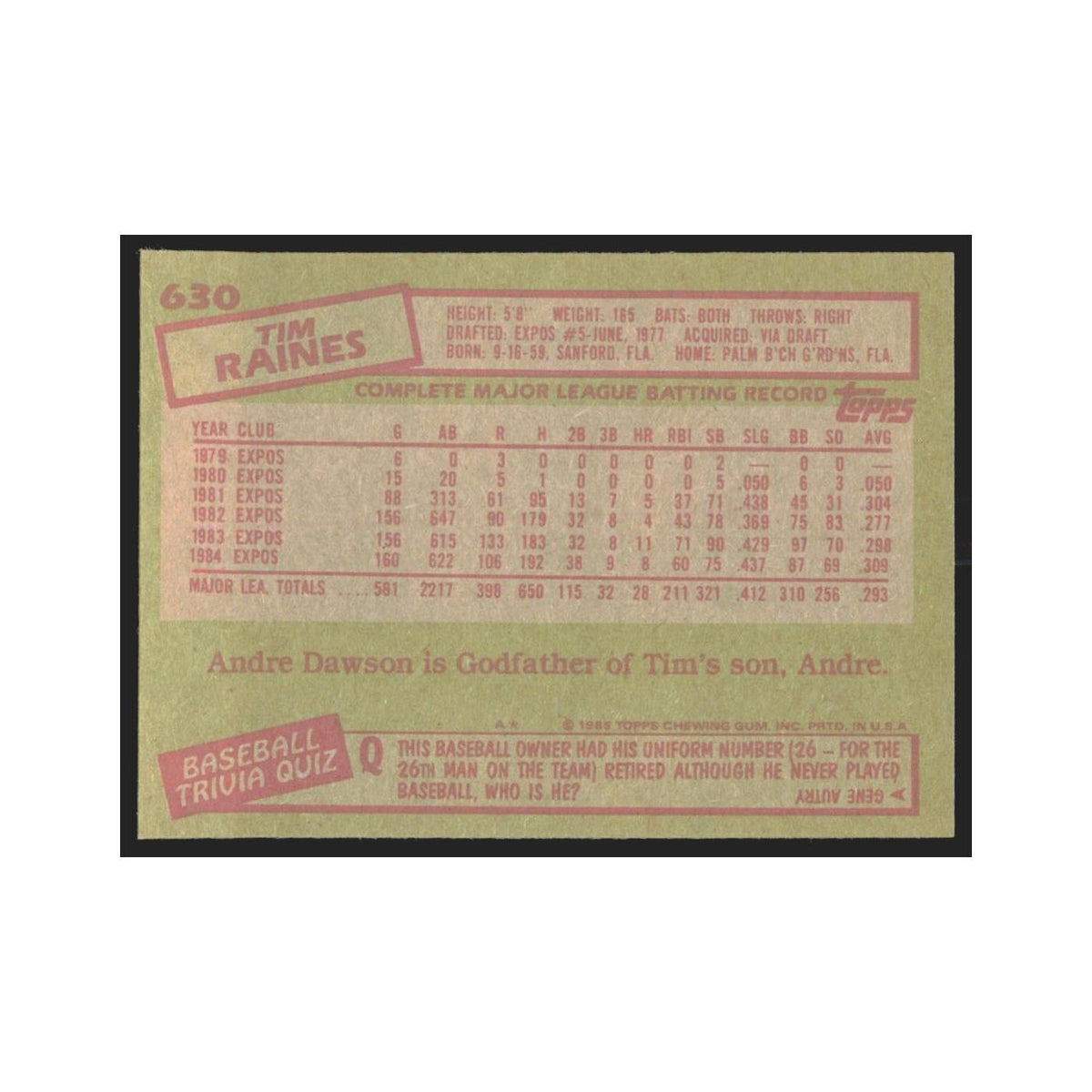 1985 Topps Tim Raines Montreal Expos #630