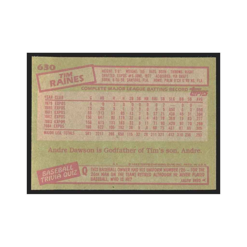 1985 Topps Tim Raines Montreal Expos #630