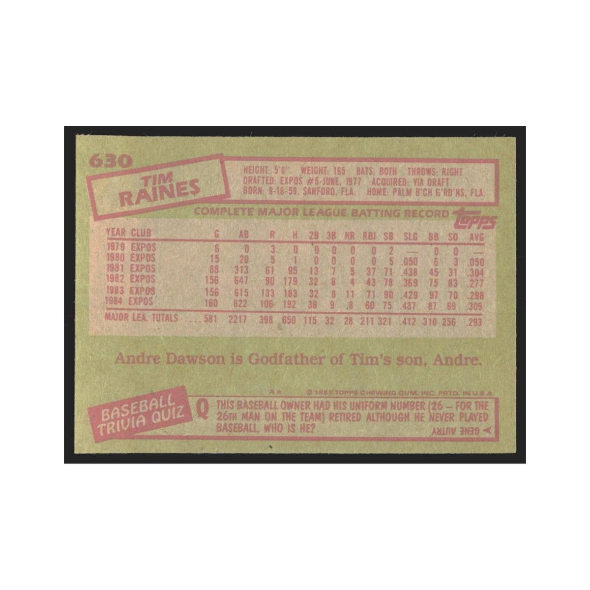 1985 Topps Tim Raines Montreal Expos #630