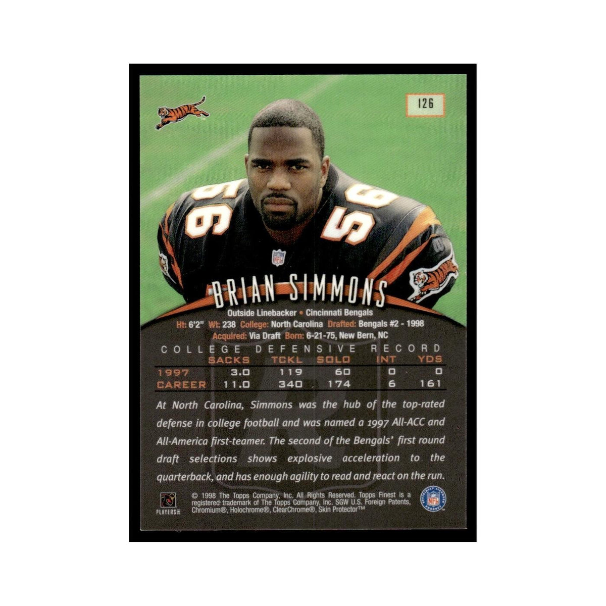 1998 Topps Finest with Coating Brian Simmons Bengals #126