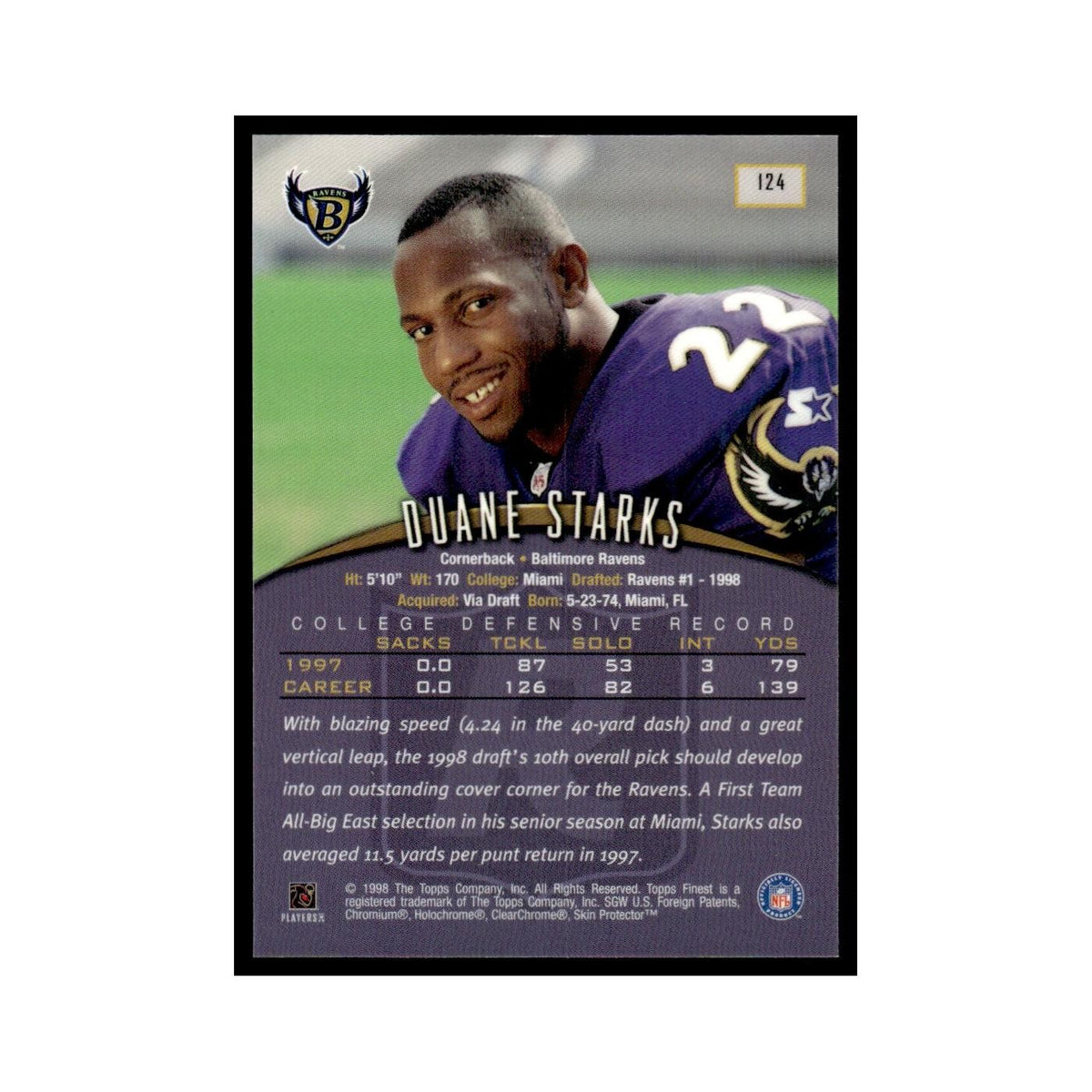 1998 Topps Finest with Coating Duane Starks Ravens #124