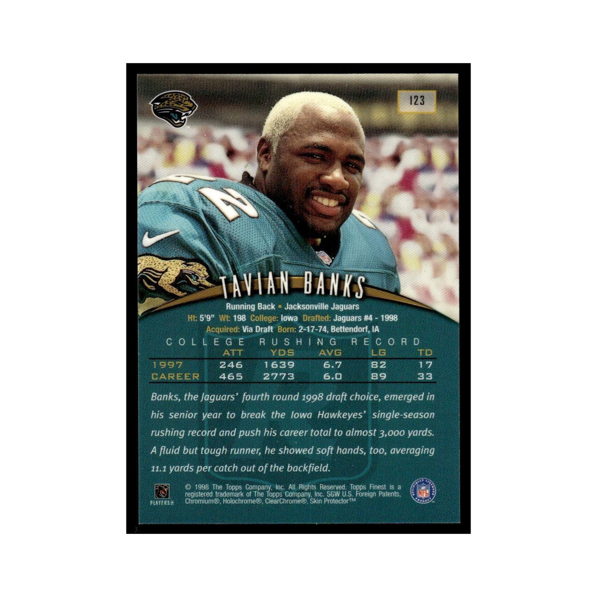 1998 Topps Finest with Coating Tavian Banks Jaguars #123