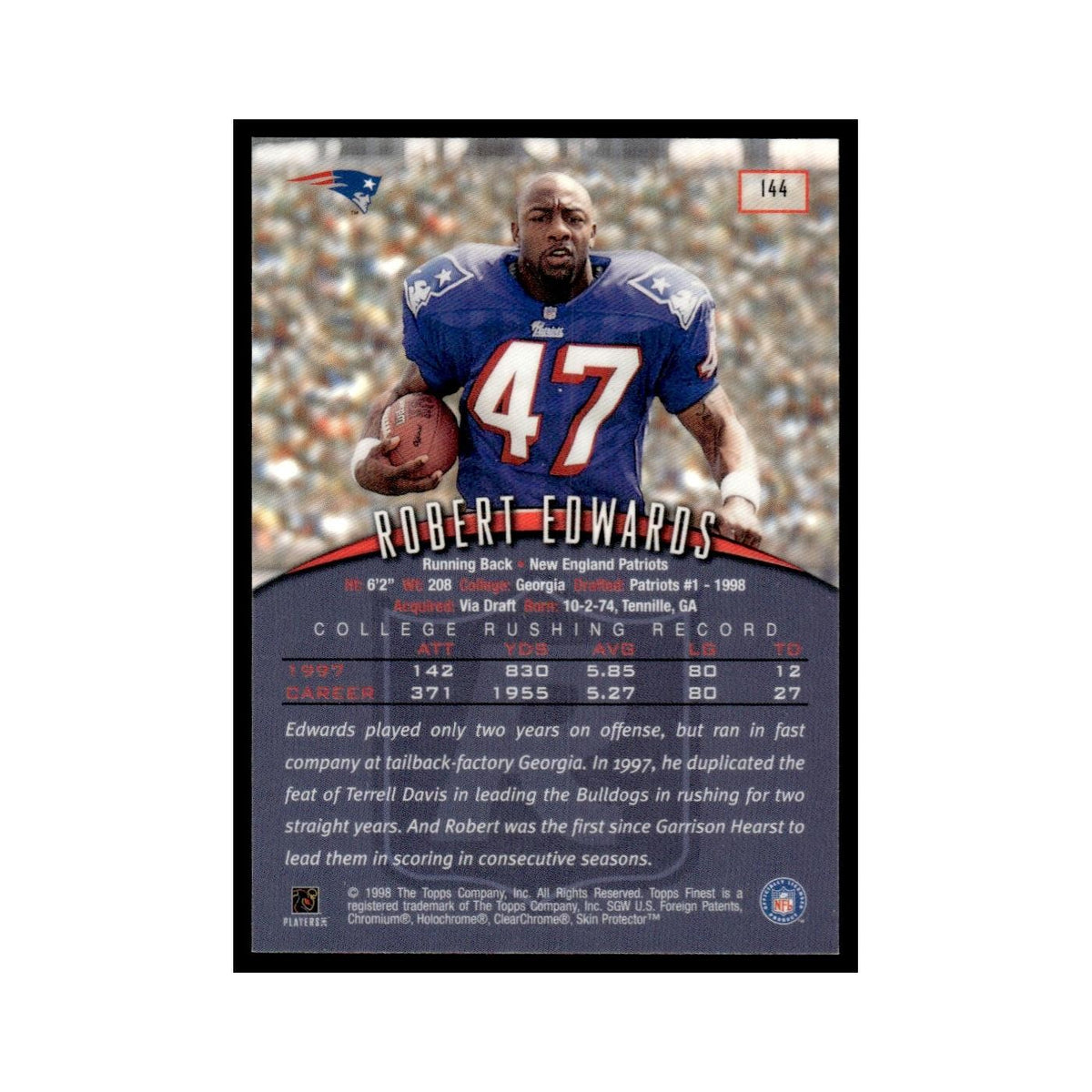 1998 Topps Finest with Coating Robert Edwards Patriots #144