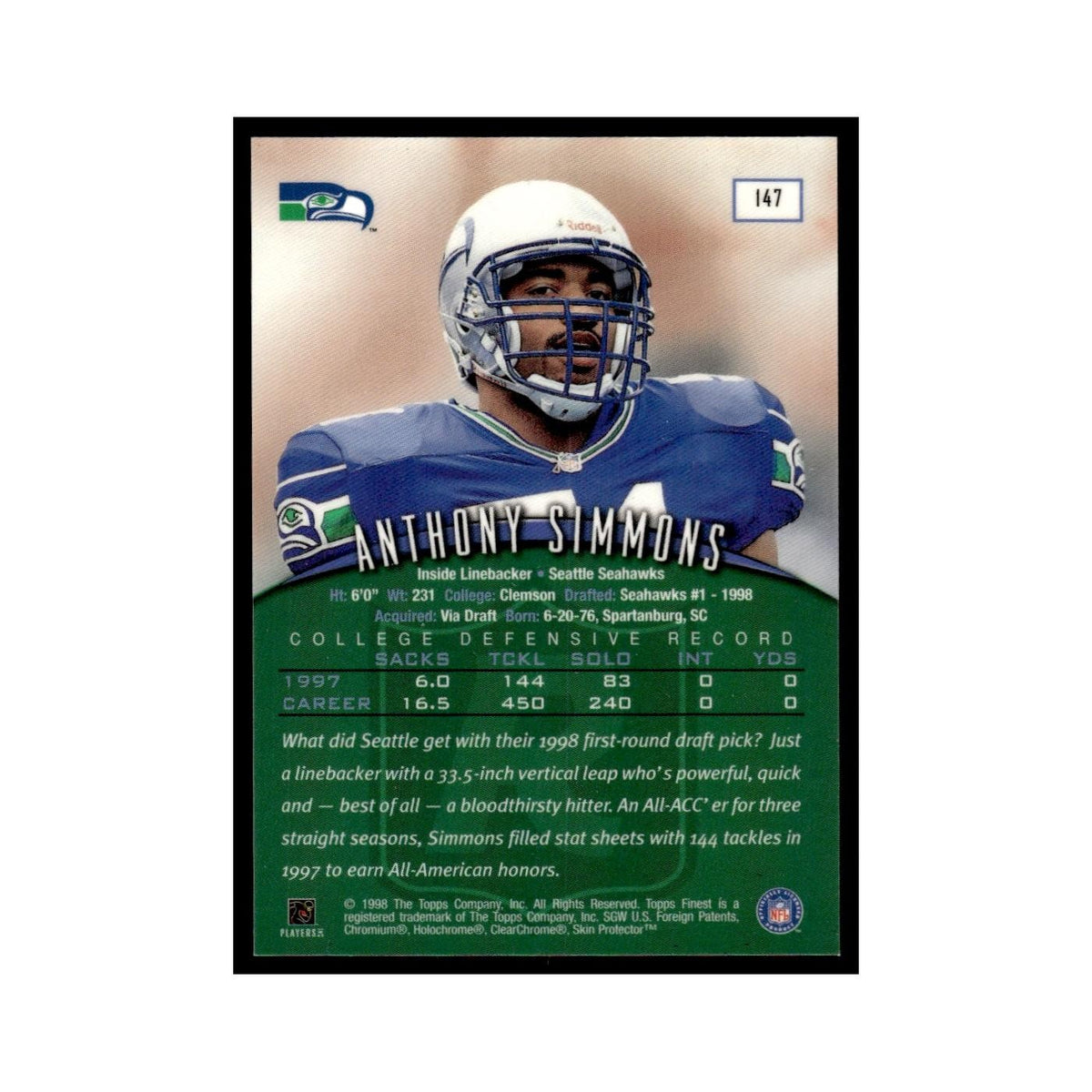 1998 Topps Finest with Coating Anthony Simmons Seahawks #147