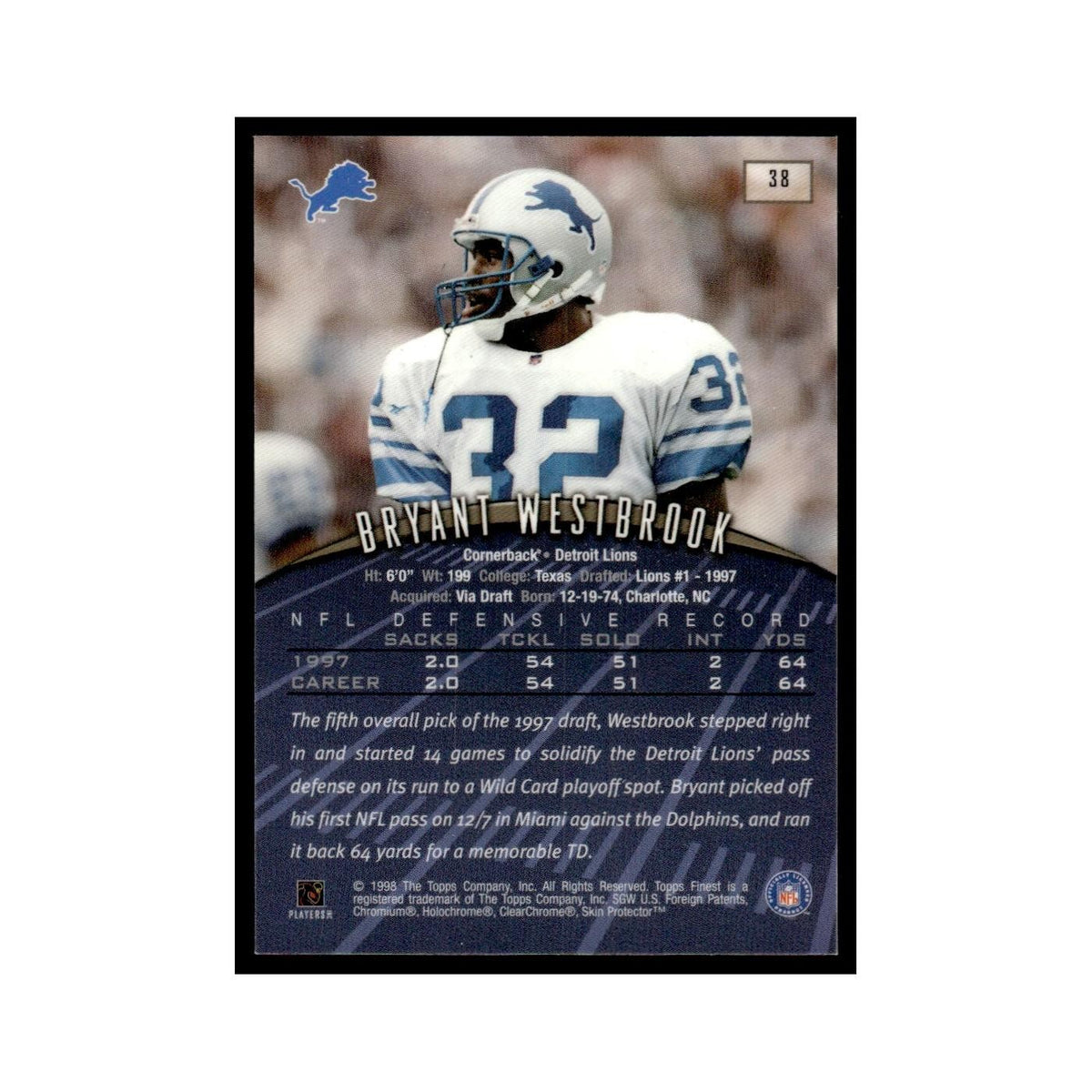 1998 Topps Finest with Coating Bryant Westbrook Lions #38