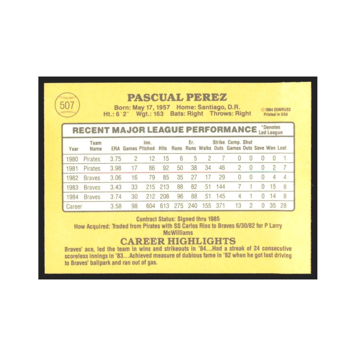 1985 Donruss Pascual Perez Braves #507