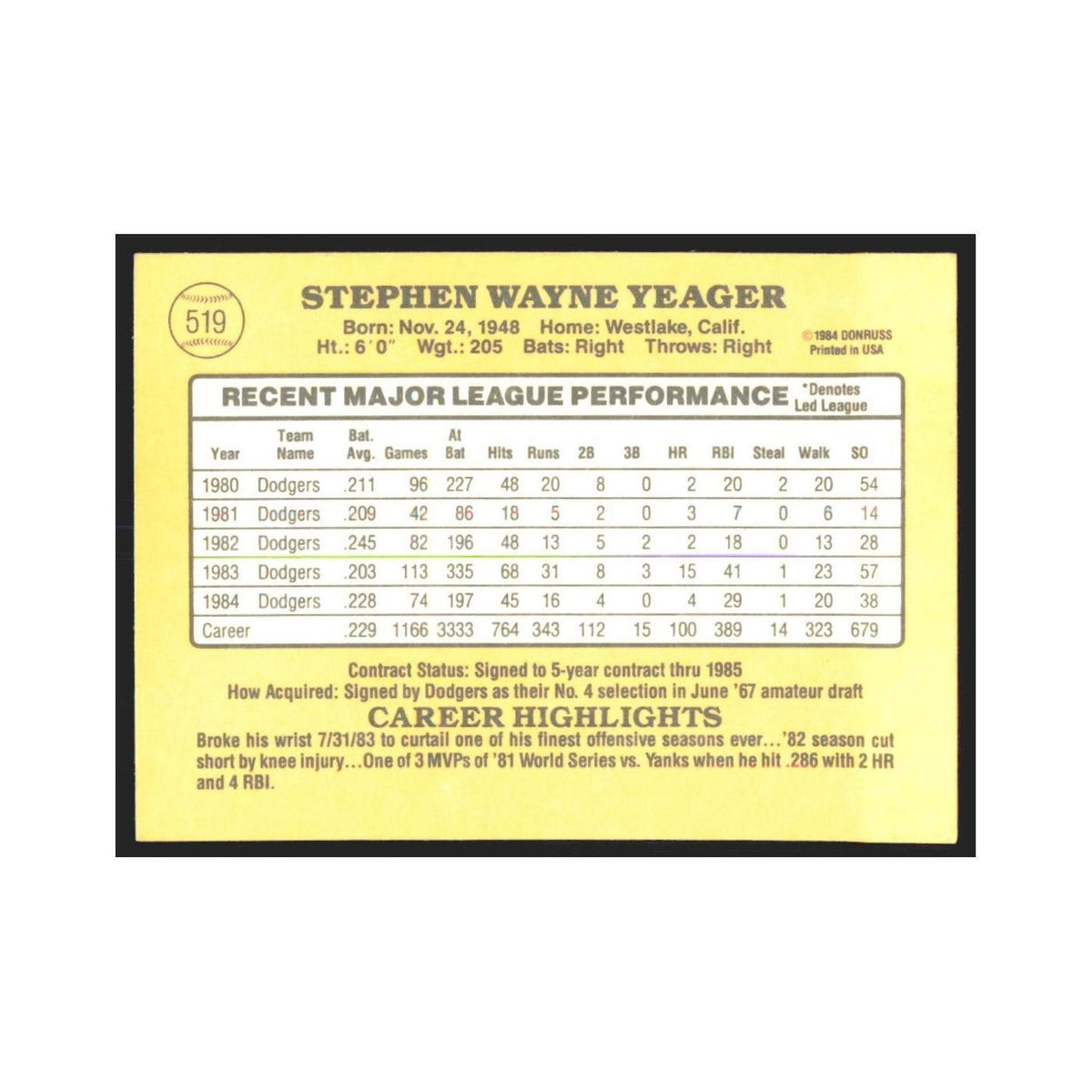 1985 Donruss Steve Yeager Dodgers #519