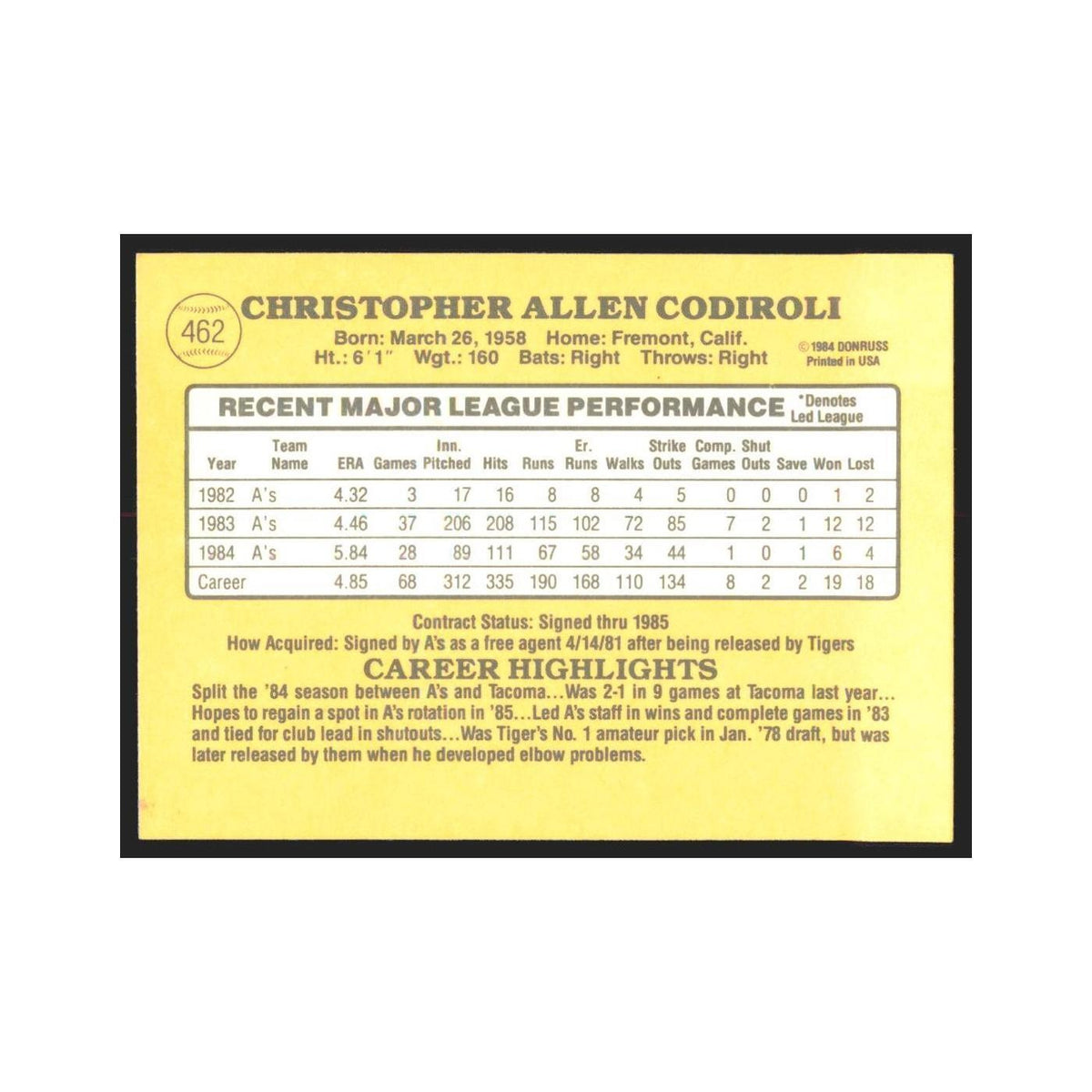 1985 Donruss Chris Codiroli Athletics #462