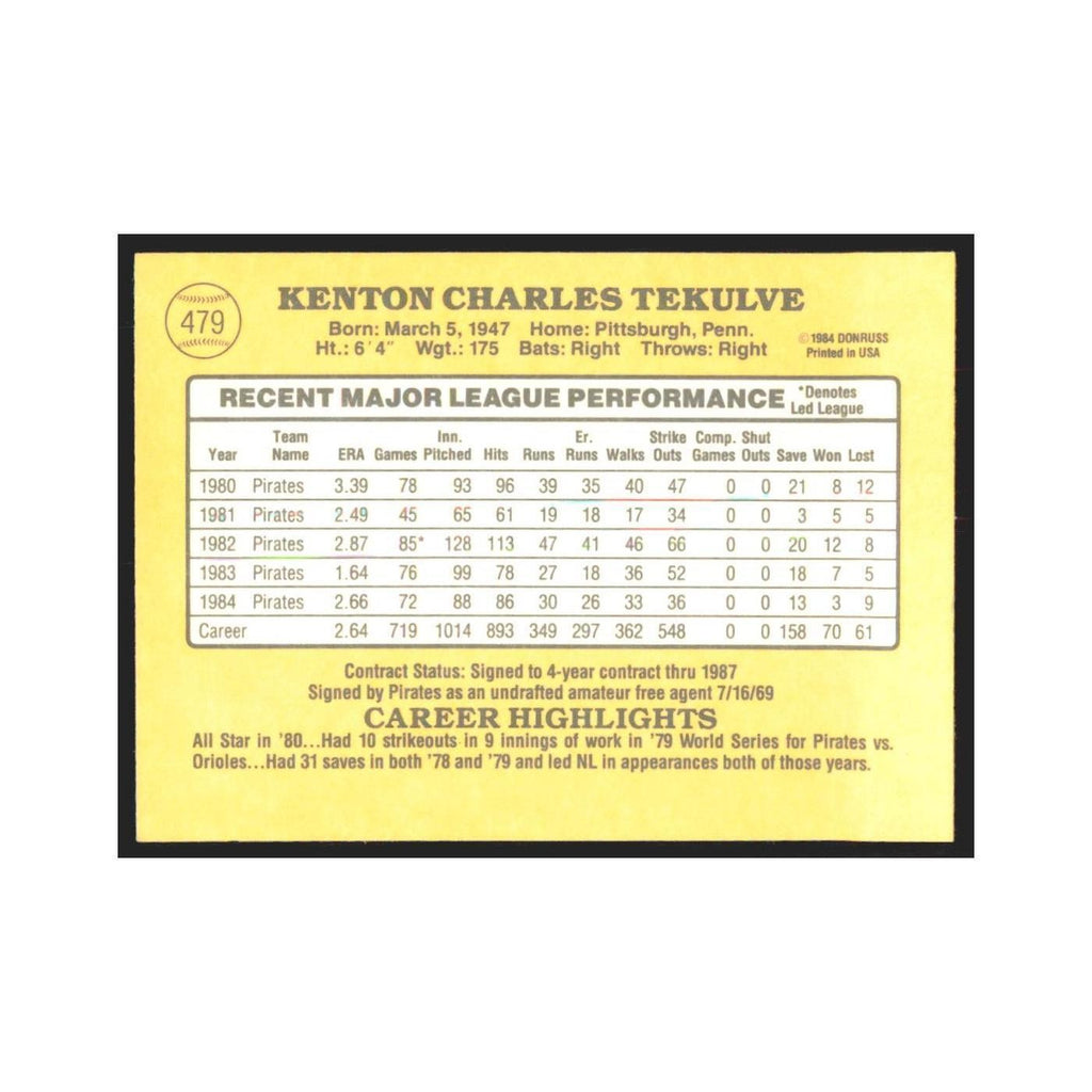 1985 Donruss Kent Tekulve Pirates #479