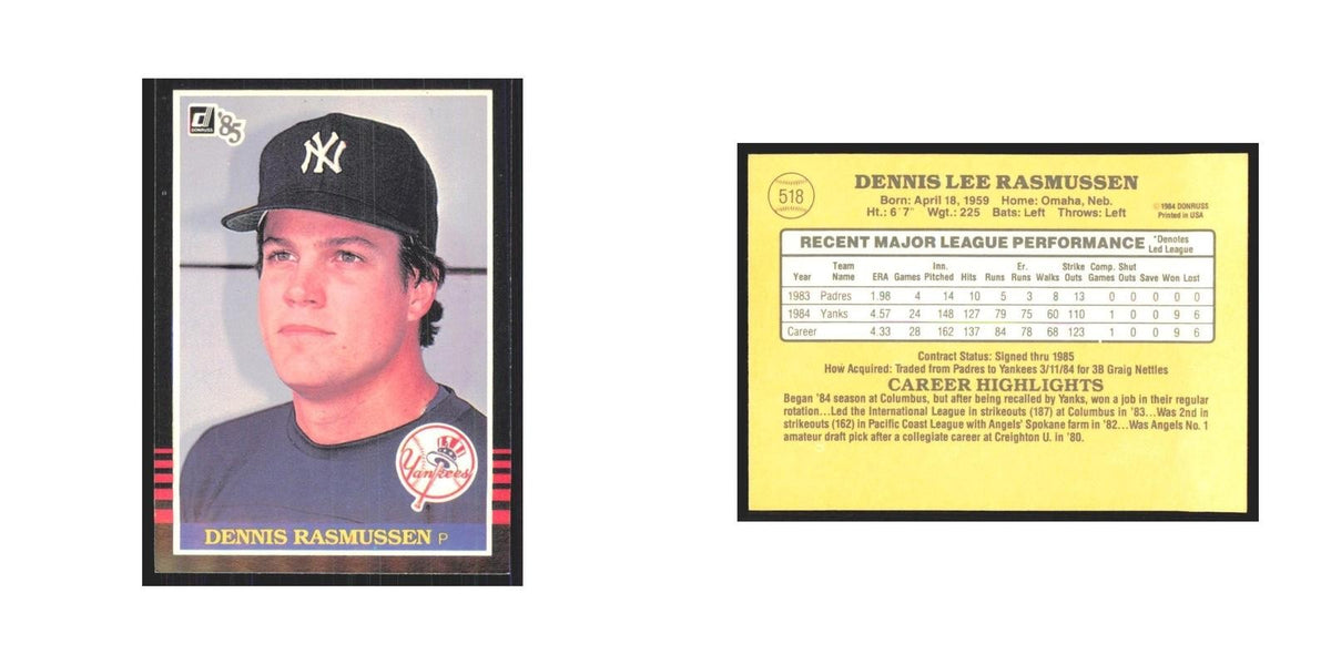 1985 Donruss Dennis Rasmussen Yankees #518