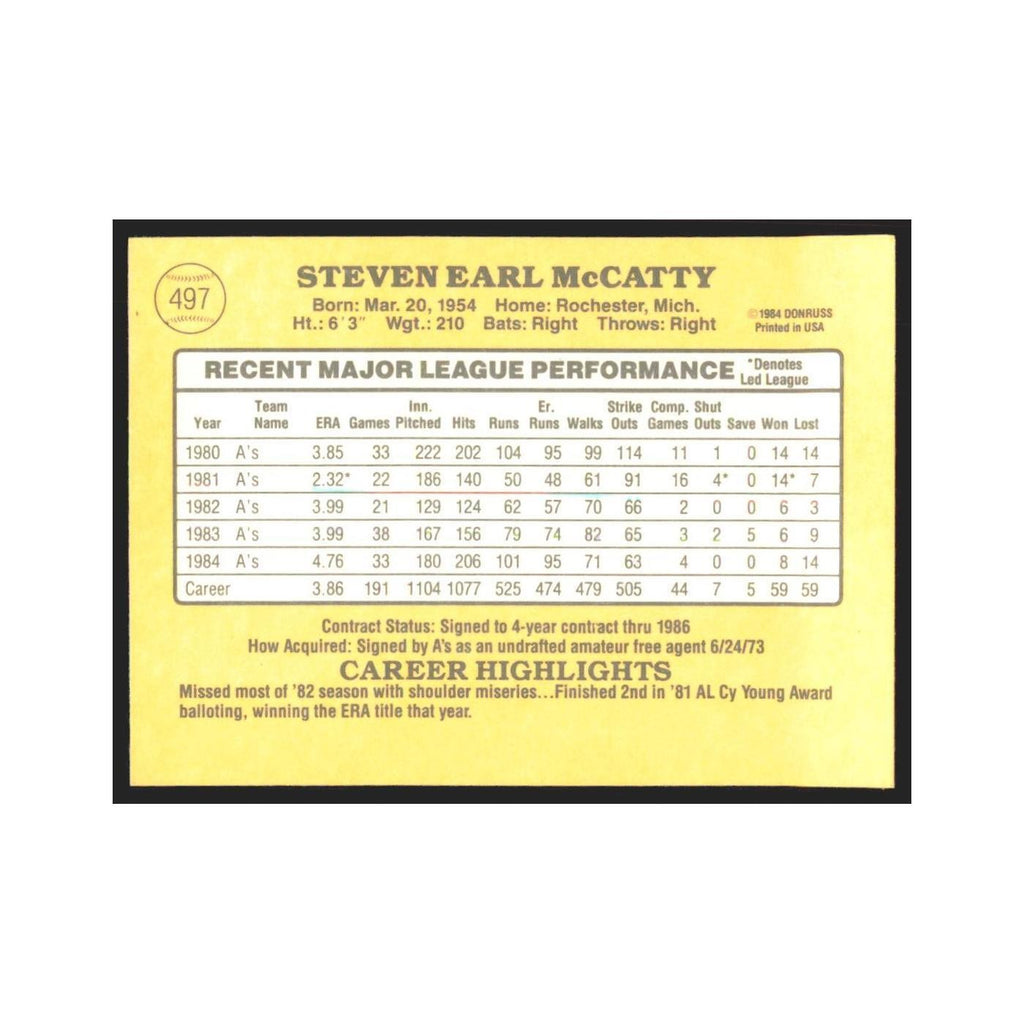 1985 Donruss Steve McCatty Athletics #497