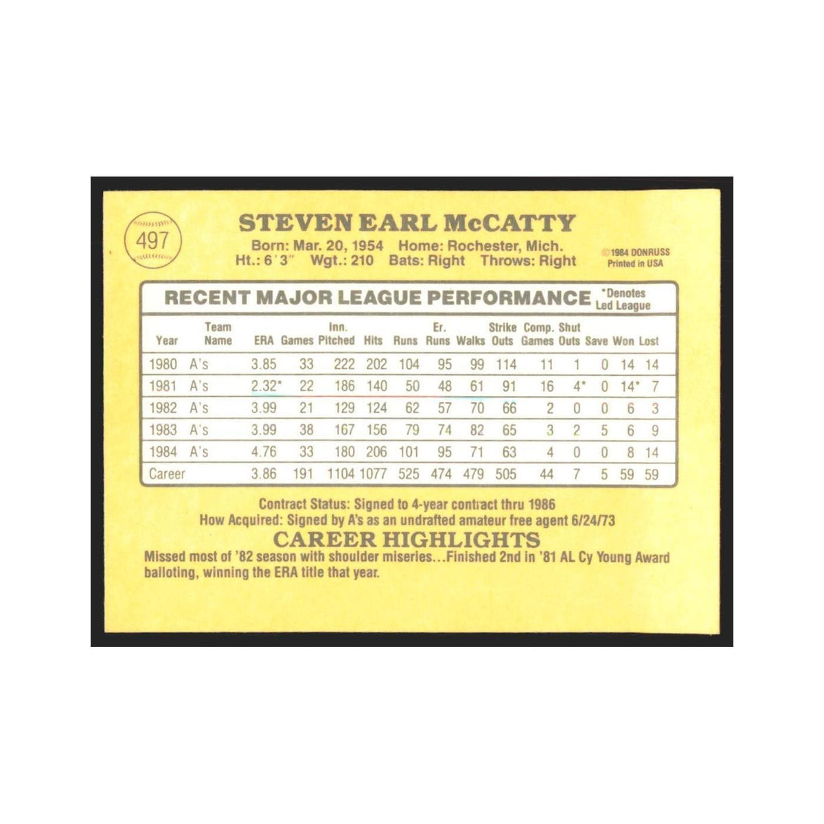 1985 Donruss Steve McCatty Athletics #497