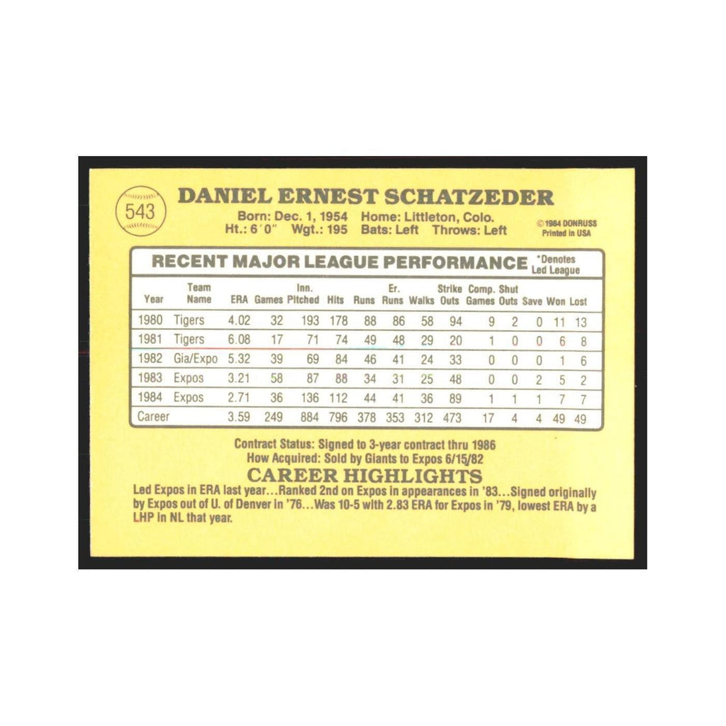 1985 Donruss Dan Schatzeder Montreal Expos #543