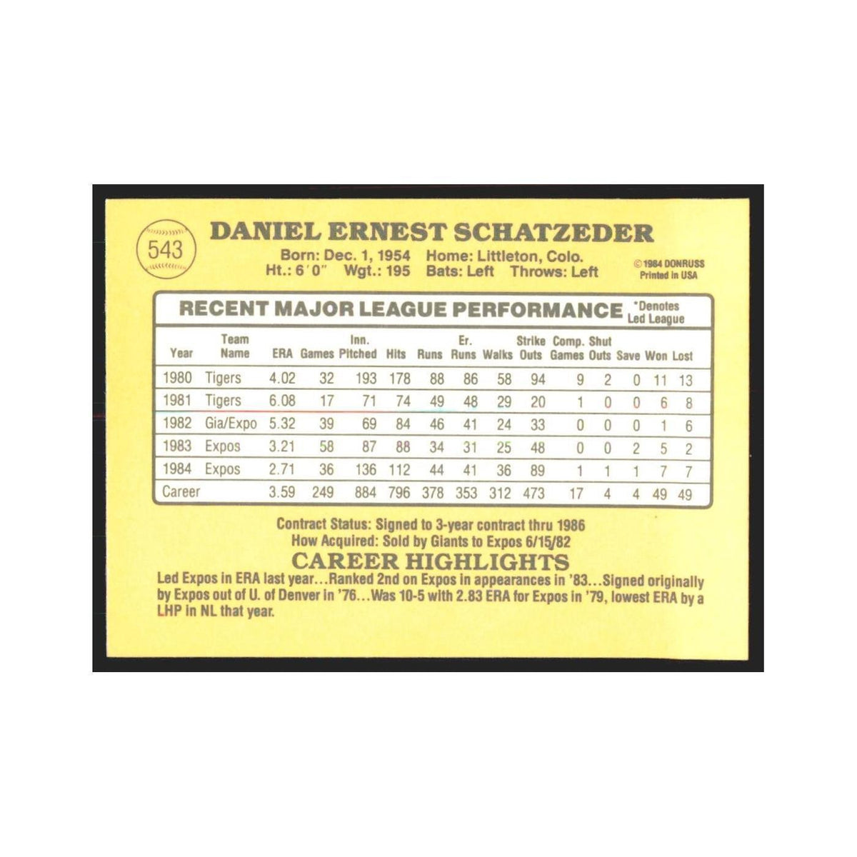 1985 Donruss Dan Schatzeder Montreal Expos #543